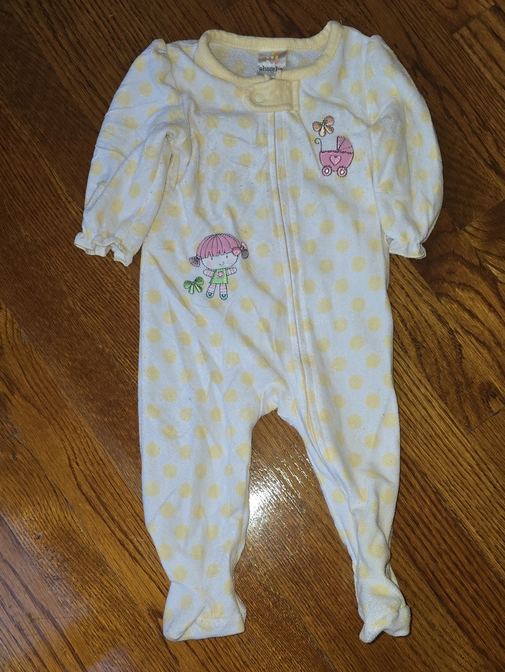 Baby Girls Yellow Dot Footed One-Piece with Pink Embroidery